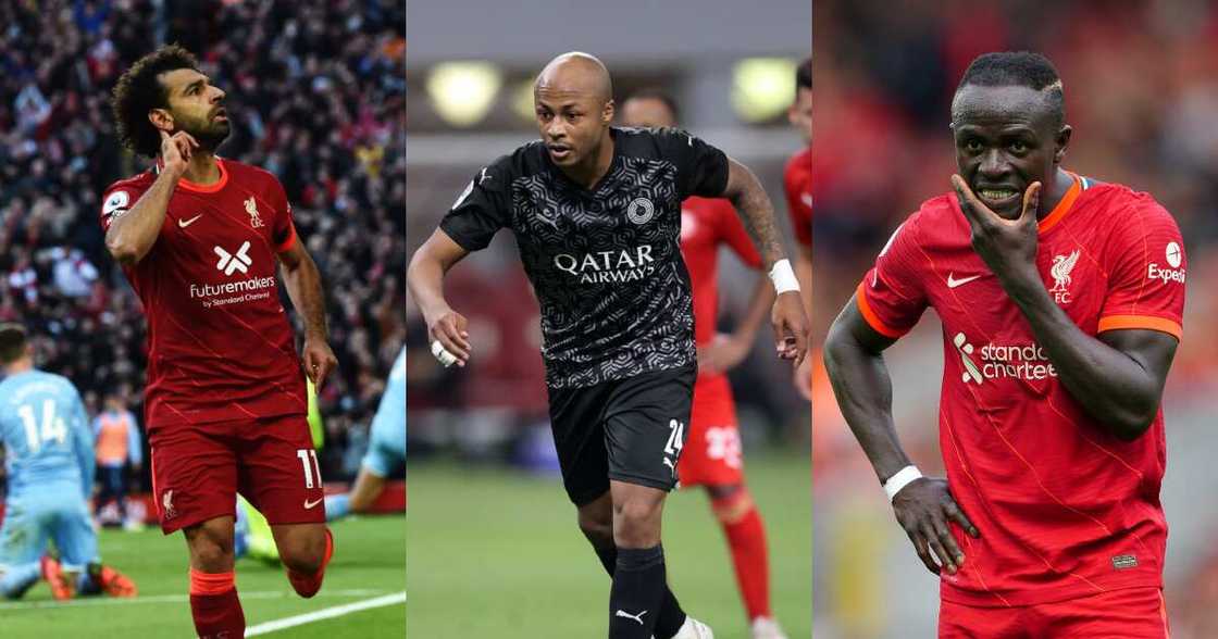 Andre Ayew and Liverpool stars Sadio Mane and Mohammed Salah. SOURCE: Twitter/ @AlsaddSC @LFC Andre Ayew and Liverpool stars Sadio Mane and Mohammed Salah. SOURCE: Twitter/ @AlsaddSC @LFC
