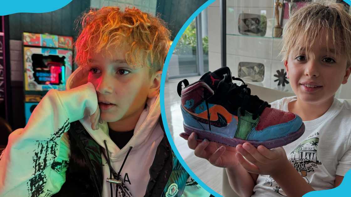 Vlad posing in a cool black and white hoodie and Niki during a shoe painting exercise