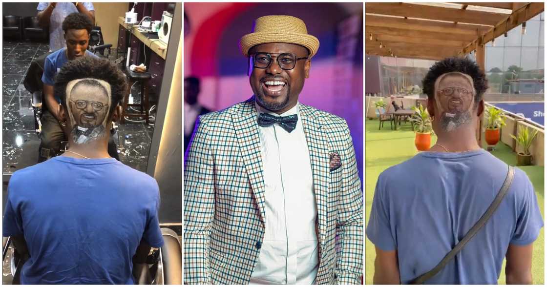 Abeiku Santana (middle) and a fan who drew his face on his hair. Abeiku Santana (middle) and a fan who drew his face on his hair.