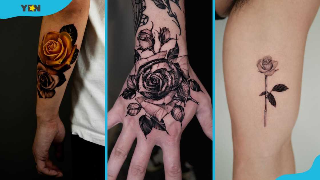 Realistic colour rose tattoo (L), black and gray rose hand tattoo (M), and small rose tattoo (R)