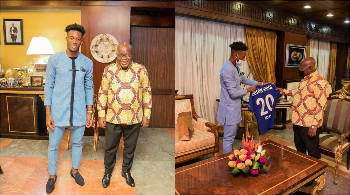 Callum Hudson Odoi: Chelsea Star Visits Akufo-Addo; Gifts Him Signed Jersey (Photos)