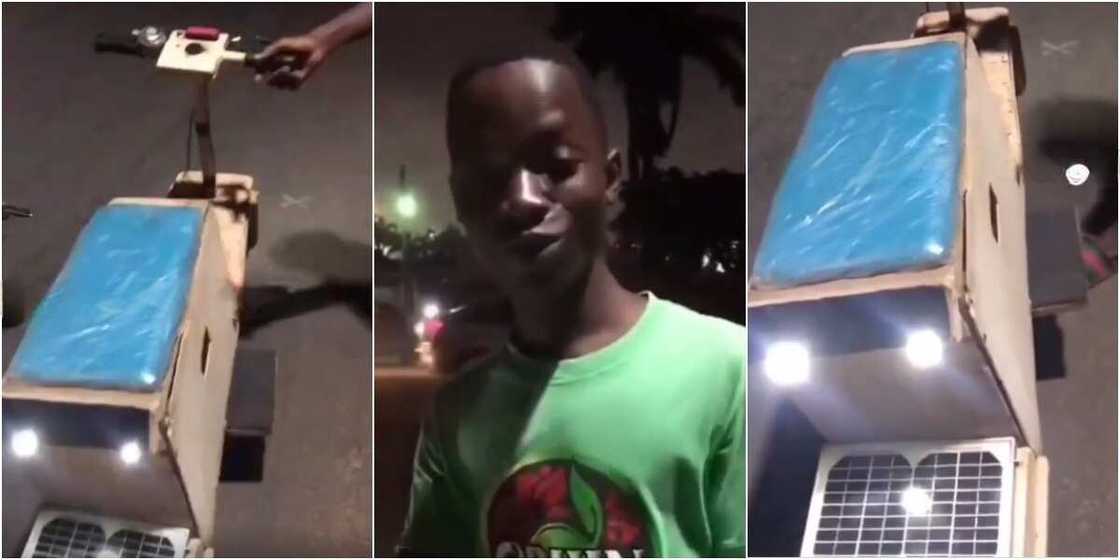 Samuel: Teenager in Ghana builds solar-powered electric motorbike from wood that plays music Samuel: Teenager in Ghana builds solar-powered electric motorbike from wood that plays music
