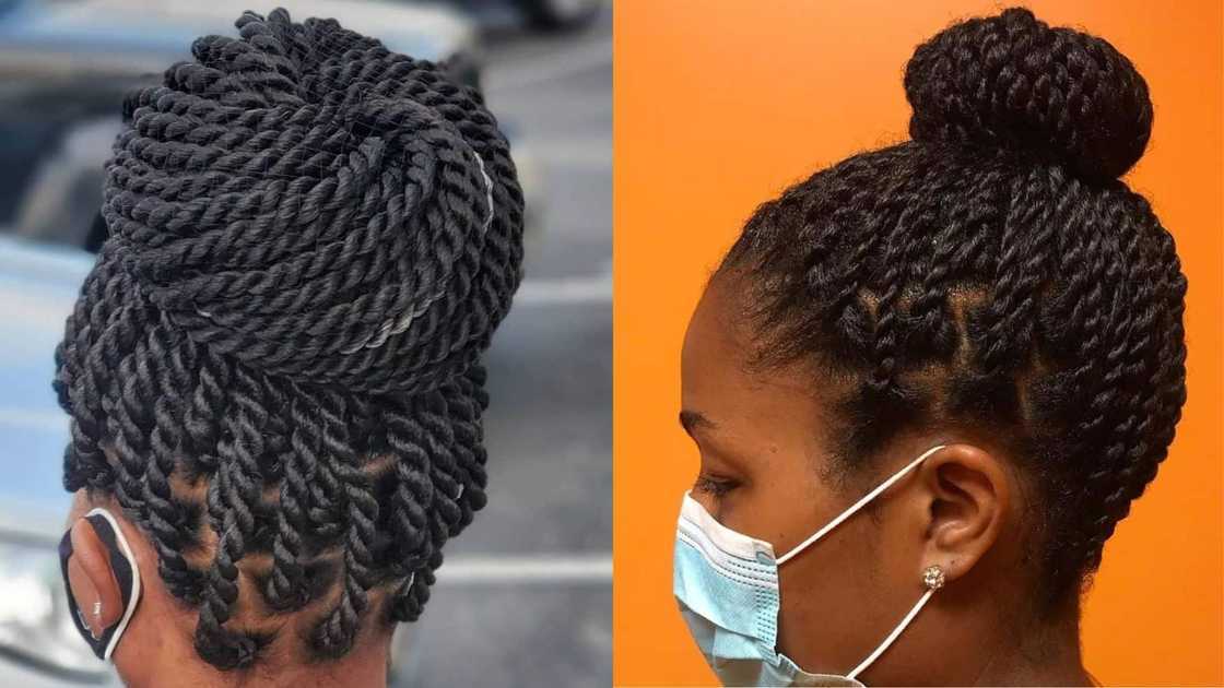 Women wearing Kinky twists tied in a single bun Women wearing Kinky twists tied in a single bun