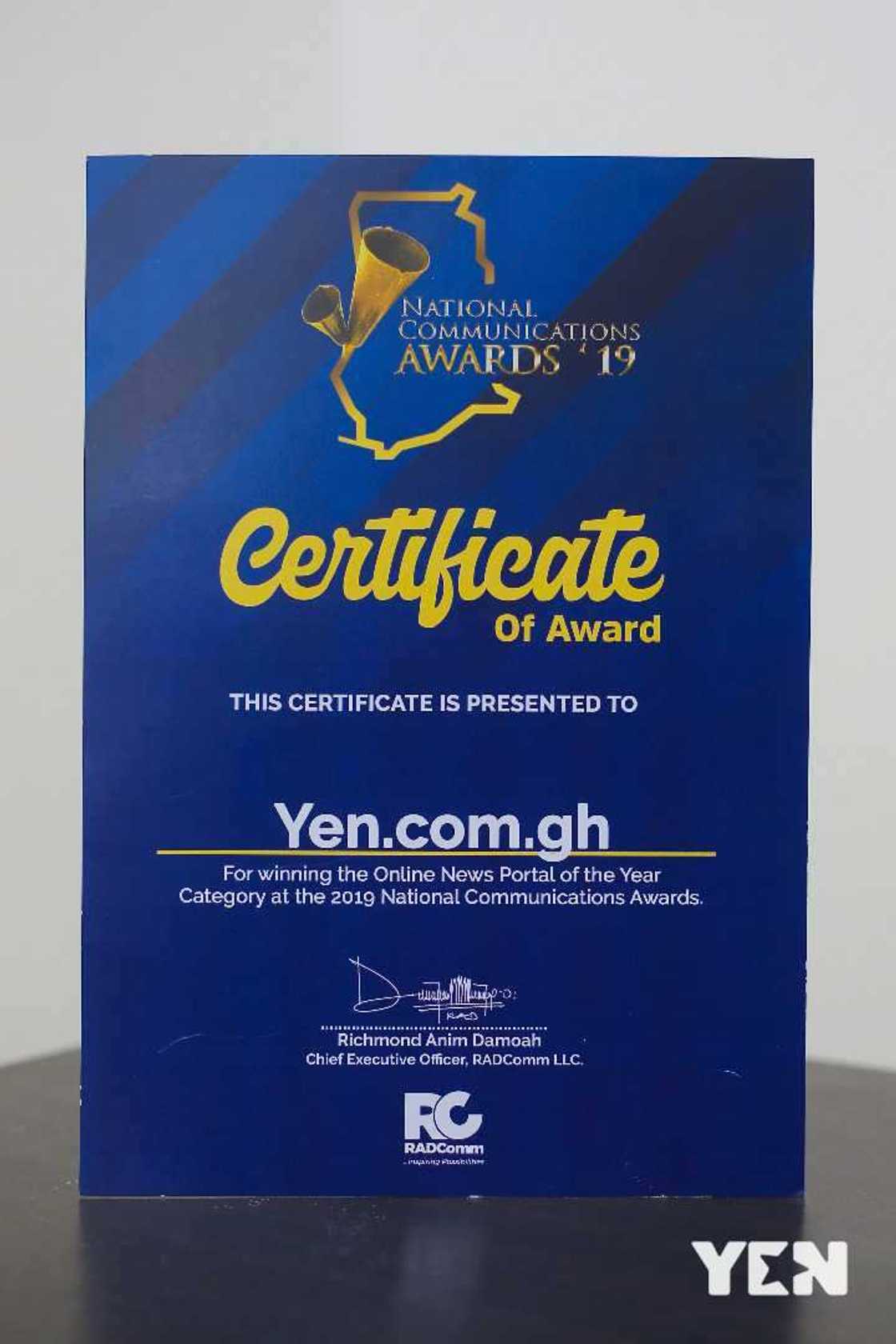Certificate of the award from 2019