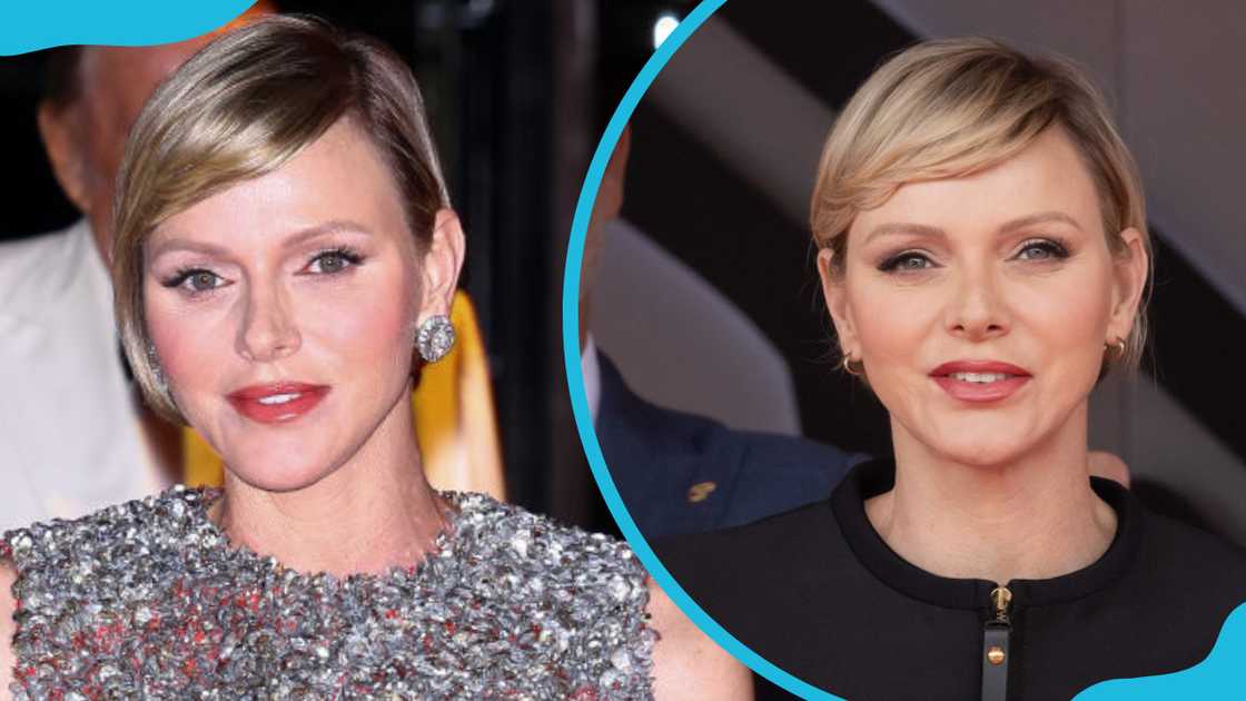 Princess Charlene of Monaco in silver jewellery (L) and black top (R)