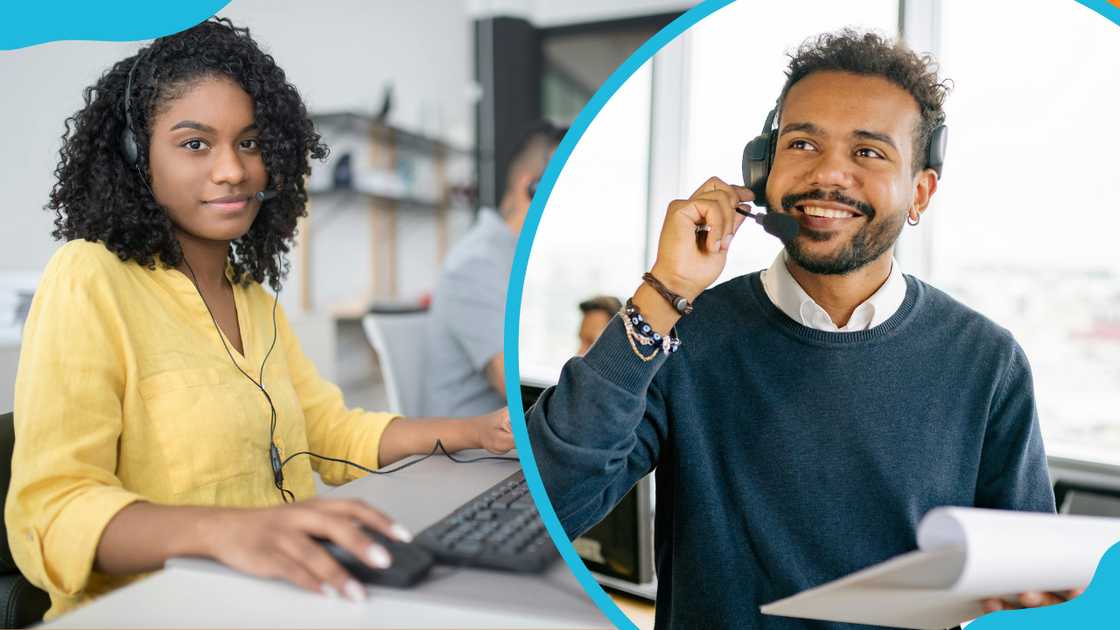 A woman in a yellow shirt with a headset working and a man in a green sweater with a headset working. A woman in a yellow shirt with a headset working and a man in a green sweater with a headset working.