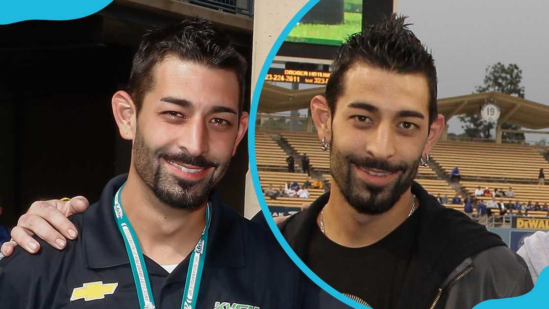 Josh Harris poses at the Indy 500 (L) and a Dodgers game (R)