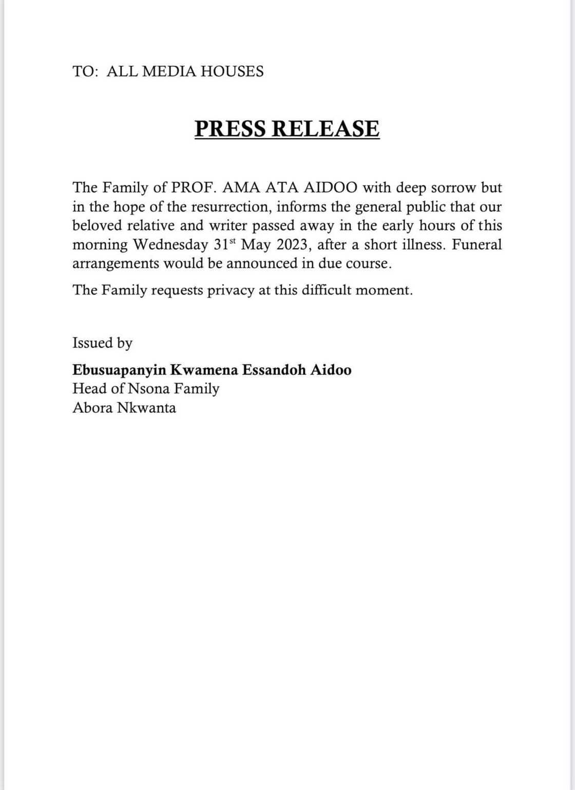 Statement from family of Prof Ama Atta Aidoo Statement from family of Prof Ama Atta Aidoo