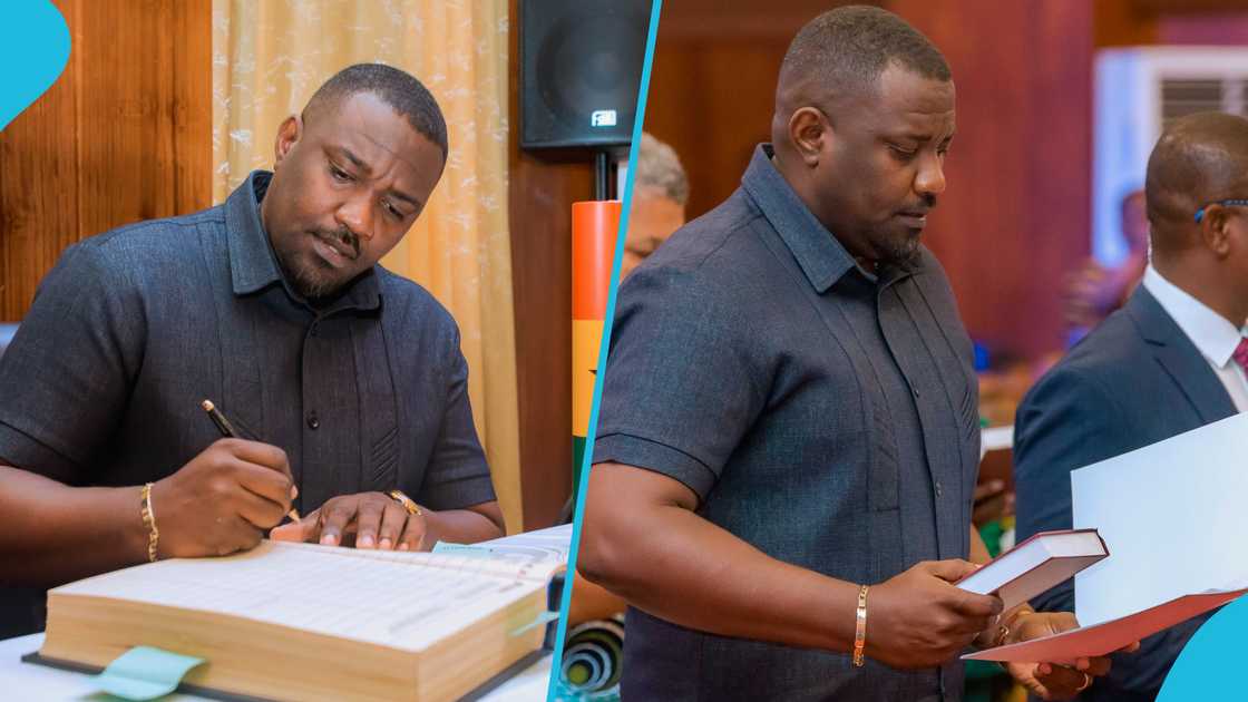 John Dumelo, President John Dramani Mahama, Deputy Food and Agriculture Minister, Swearing in ceremony, Jubilee House, John Dumelo's farms John Dumelo, President John Dramani Mahama, Deputy Food and Agriculture Minister, Swearing in ceremony, Jubilee House, John Dumelo's farms