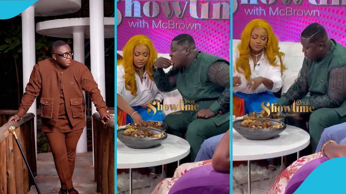 Oheneba Jude and Nana Ama McBrown share a bowl of fufu during his appearance on Onua Showtime.