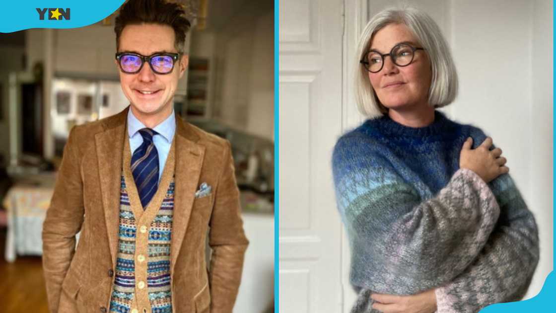 A man wearing a Fair Isle sweater in an official outfit (L) and a woman in a shed of blue Fair Isle sweater (R) A man wearing a Fair Isle sweater in an official outfit (L) and a woman in a shed of blue Fair Isle sweater (R)