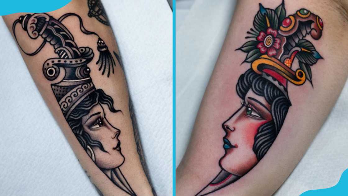 Dagger and goddess tattoos