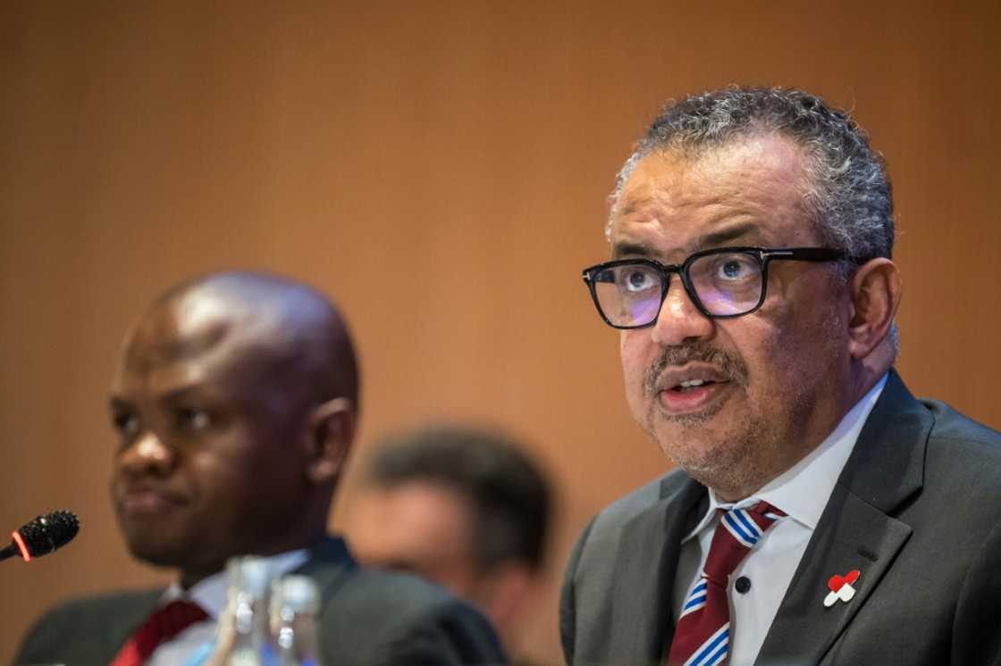 WHO Director-General Tedros Adhanom Ghebreyesus, right, addressed the opening of the World Health Assembly