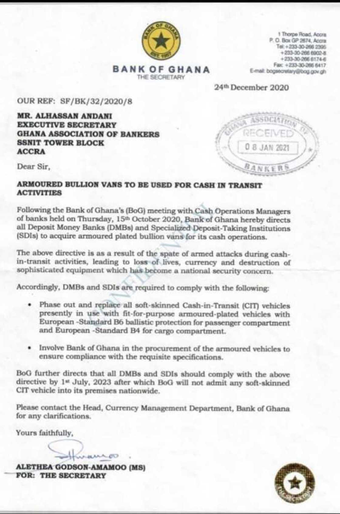 Bank of Ghana directive to banks following Bullion van robbery Bank of Ghana directive to banks following Bullion van robbery