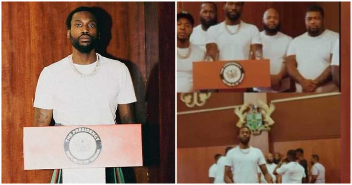 Meek Mill used the presidential podium to deliver a profane line in his rap song. Meek Mill used the presidential podium to deliver a profane line in his rap song.
