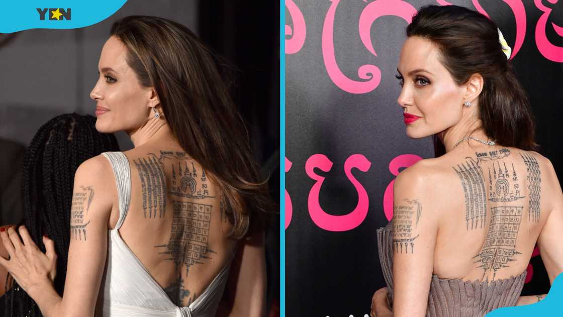 Angelina Jolie's back and arm tattoos on display Angelina Jolie's back and arm tattoos on display