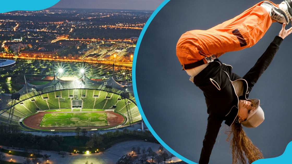 Aerial view of Munich's Olympic stadium (L). A breakdancer performs on stage (R)