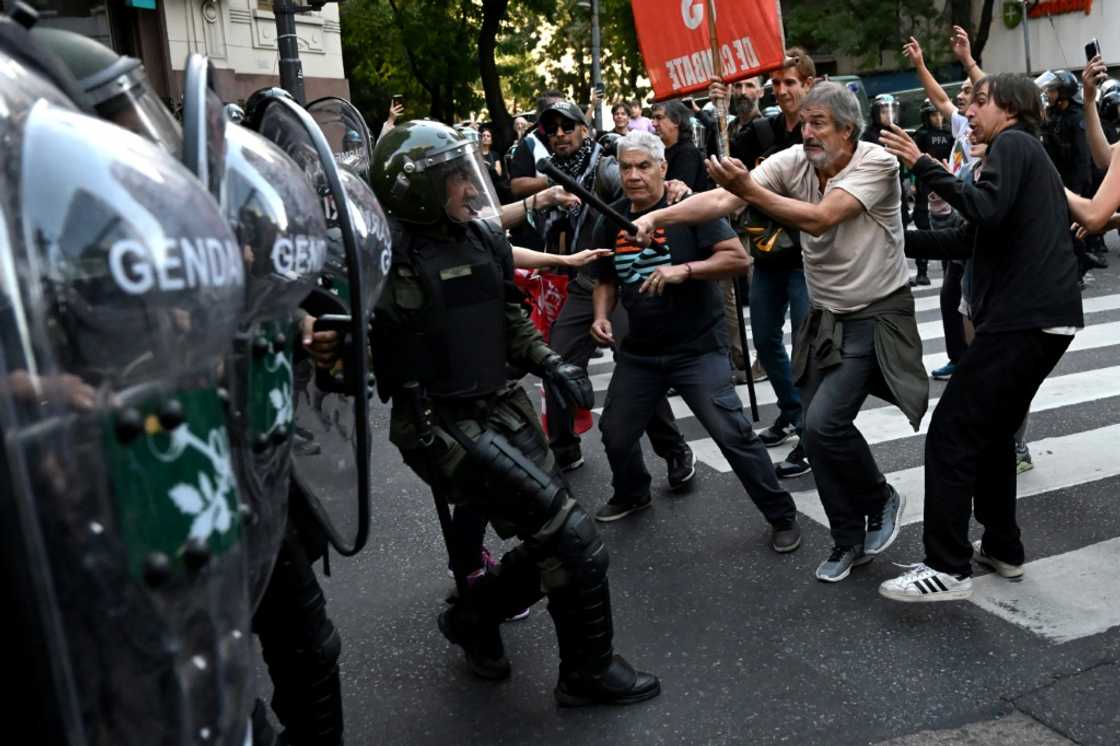 Demonstrators demanding an increase to pensions clashed with Argentine National Gendarmerie officers in front of the National Congress in April 2025 Demonstrators demanding an increase to pensions clashed with Argentine National Gendarmerie officers in front of the National Congress in April 2025