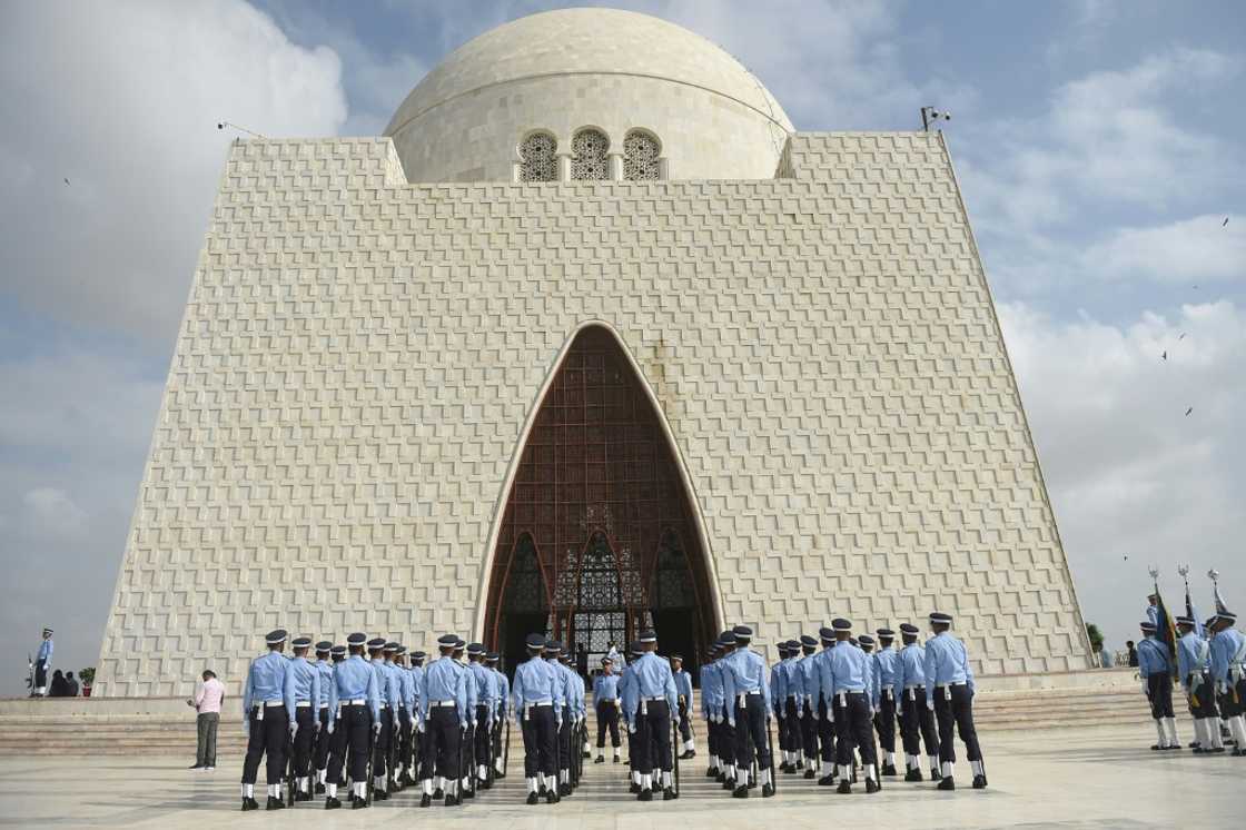Air Force cadets march at the mausoleum of Pakistan's founder Mohammad Ali Jinnah in Karachi Tuesday to celebrate Defence Day Air Force cadets march at the mausoleum of Pakistan's founder Mohammad Ali Jinnah in Karachi Tuesday to celebrate Defence Day