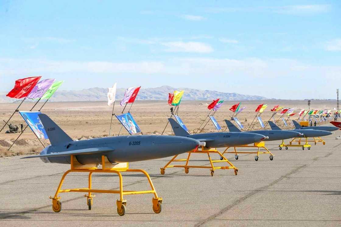 Iranian drones on display prior to a military drill at an undisclosed location in central Iran in 2021. The United States says Iran is planning to supply "hundreds" of drones or unmanned aerial vehicles to Russia for the war in Ukraine. Iranian drones on display prior to a military drill at an undisclosed location in central Iran in 2021. The United States says Iran is planning to supply "hundreds" of drones or unmanned aerial vehicles to Russia for the war in Ukraine.
