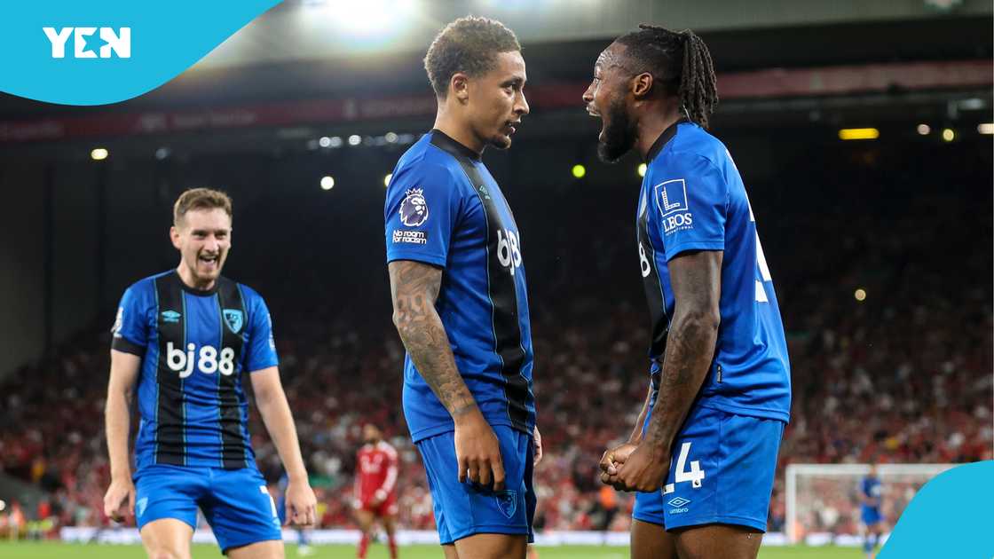 Antoine Semenyo wildly celebrates with Bournemouth teammate Evanilson after scoring against Liverpool. Photo by Robin Jones - AFC Bournemouth. Antoine Semenyo wildly celebrates with Bournemouth teammate Evanilson after scoring against Liverpool. Photo by Robin Jones - AFC Bournemouth.