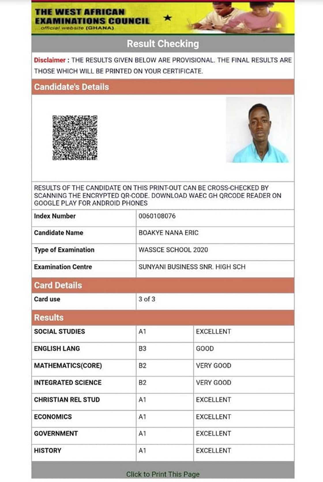 Eric Nana Boakye's WASSCE results.