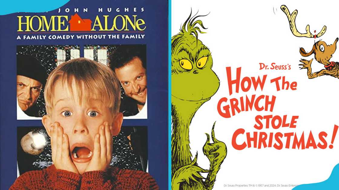 Home Alone movie poster (L). Dr. Seuss' How the Grinch Stole Christmas cover art (R)