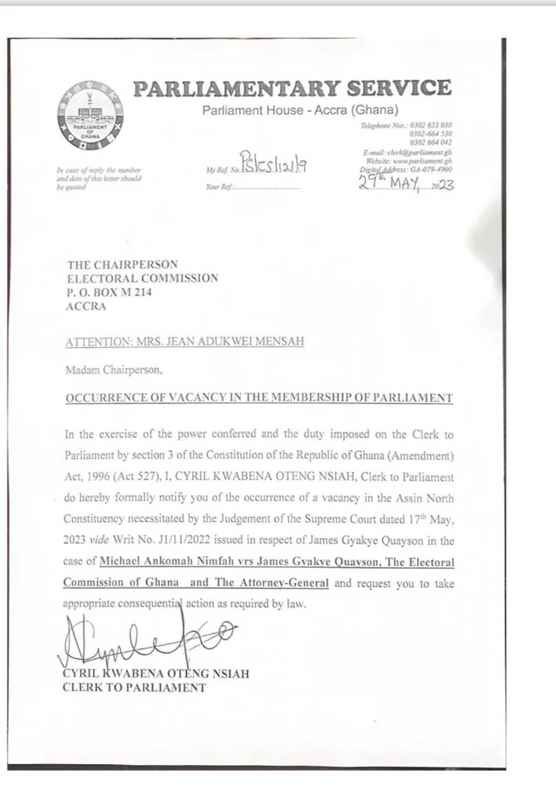 Assin North seat declared vacant. Assin North seat declared vacant.