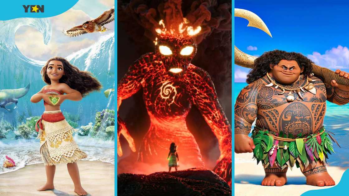 Moana characters: Moana (L), Te Kā (C), and Maui (R).