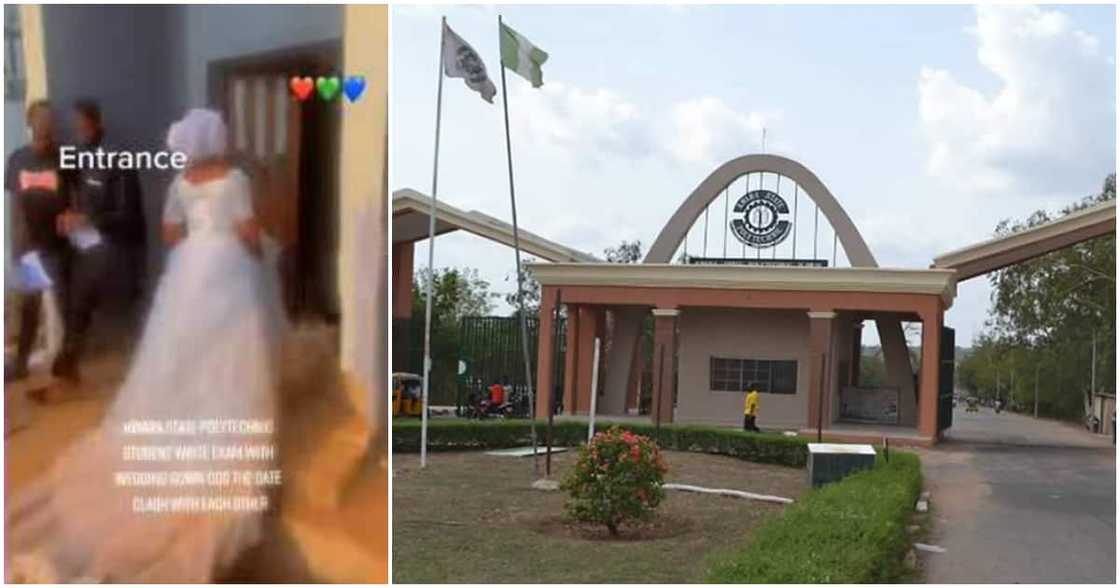 Nigerian lady writes exam in wedding gown, video stirs reactions on social media Nigerian lady writes exam in wedding gown, video stirs reactions on social media