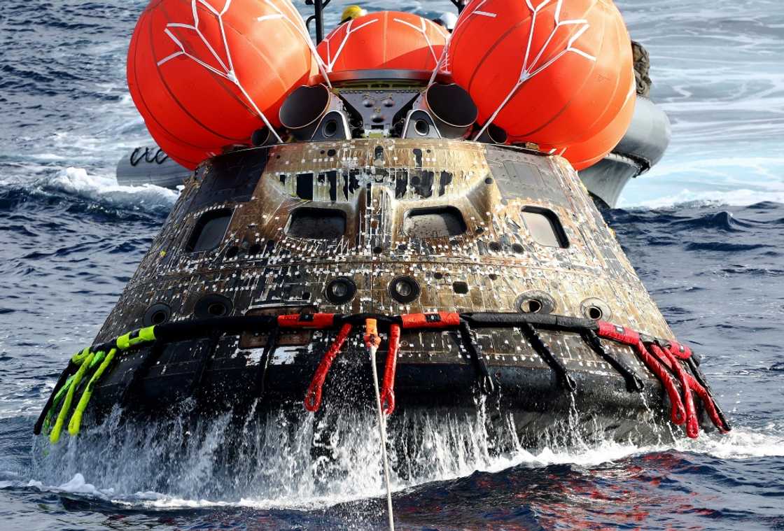 NASA's Orion space capsule being retrieved after splashing down in the Pacific Ocean NASA's Orion space capsule being retrieved after splashing down in the Pacific Ocean