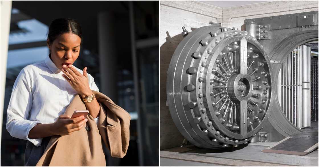 Photo of Surprised lady and bank vault Photo of Surprised lady and bank vault