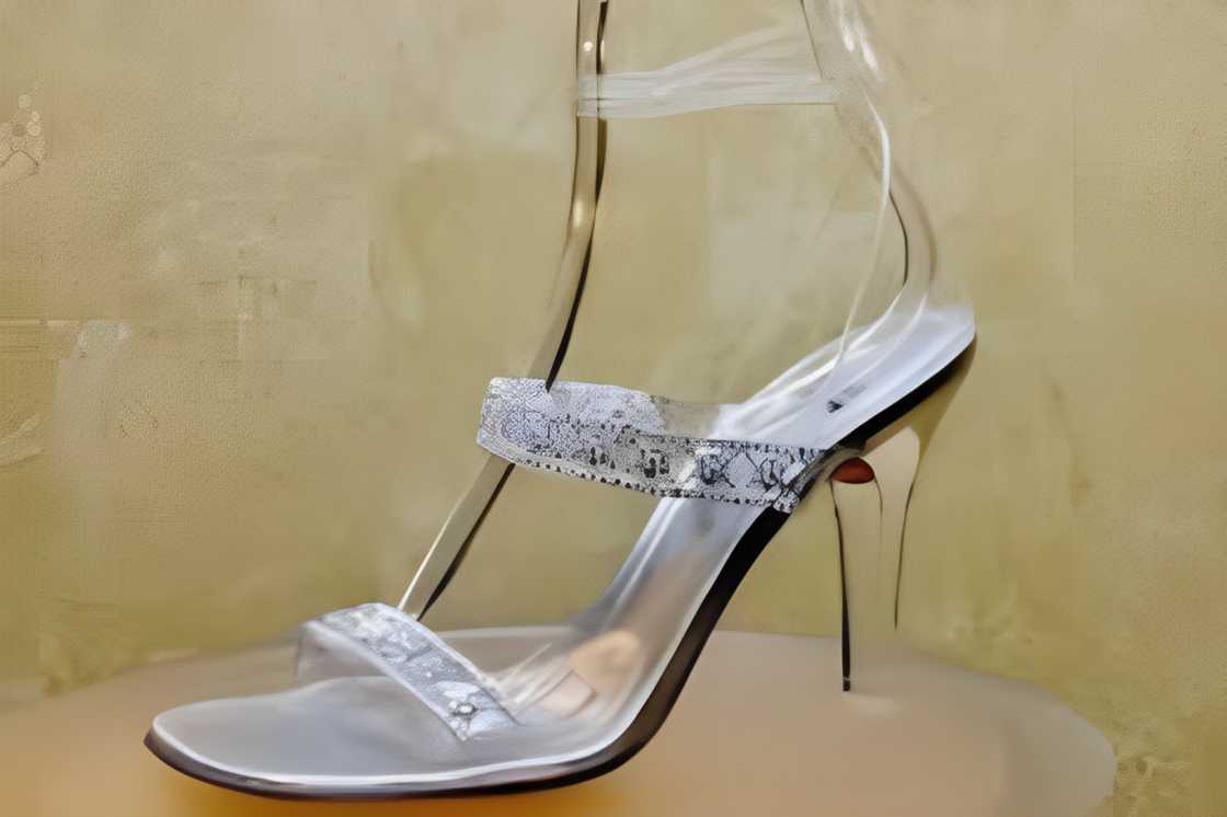 A Stuart Weitzman Cinderella slipper is on a round table