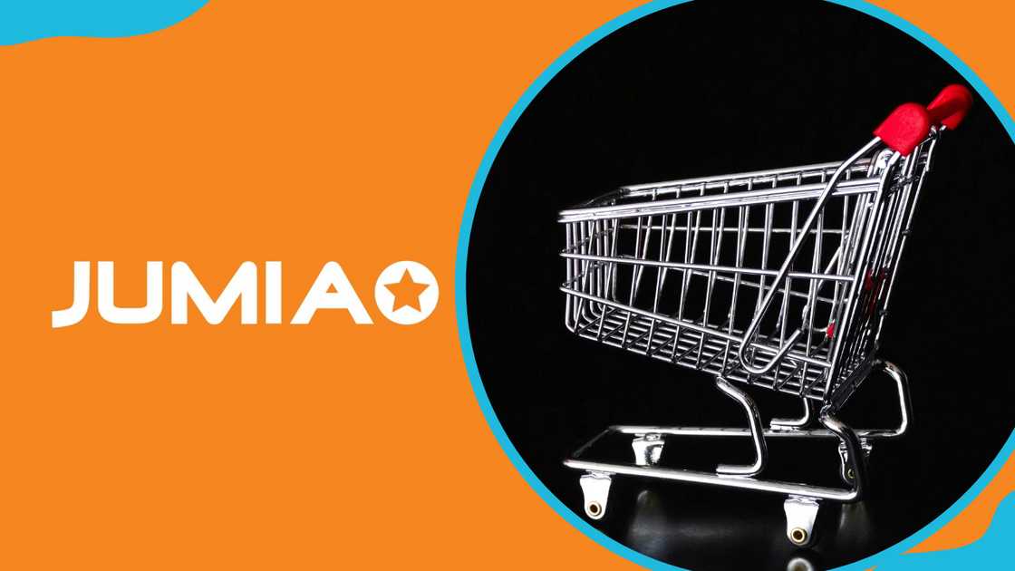 Jumia logo and an empty cart against a black background Jumia logo and an empty cart against a black background