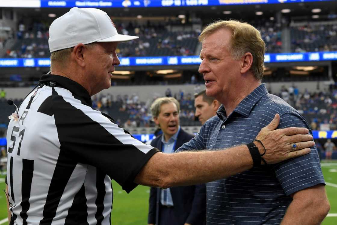 NFL commissioner Roger Goodell (R), seen speaking with a referee before a Los Angeles-Buffalo game September 8, 2022 in California, has welcomed a deal giving YouTube streaming rights to most Sunday games starting in 2023 NFL commissioner Roger Goodell (R), seen speaking with a referee before a Los Angeles-Buffalo game September 8, 2022 in California, has welcomed a deal giving YouTube streaming rights to most Sunday games starting in 2023