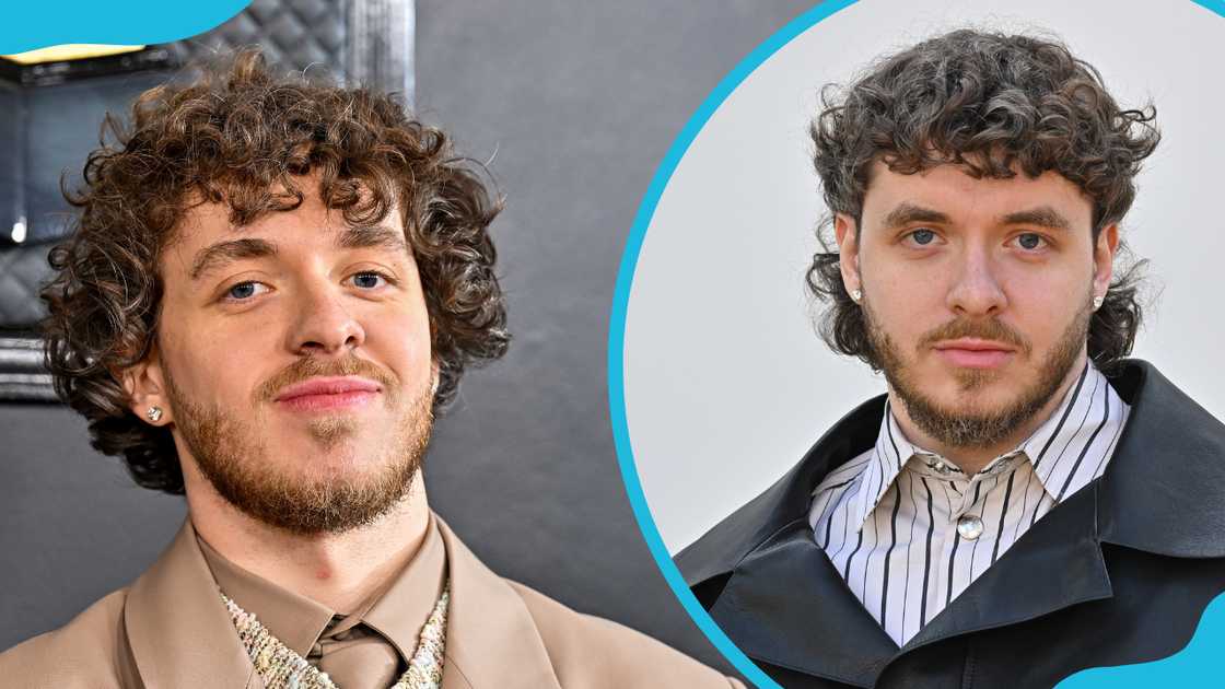 Jack Harlow arrives at the 65th Annual GRAMMY Awards held at Crypto.com Arena (L). He attends the "Les Sculptures" Jacquemus' Fashion Show at Fondation Maeght (R)