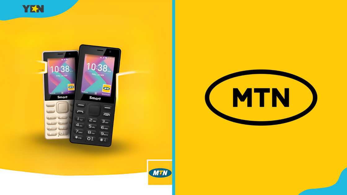 Two mobile phones with the MTN logo (L). The MTN logo (R)