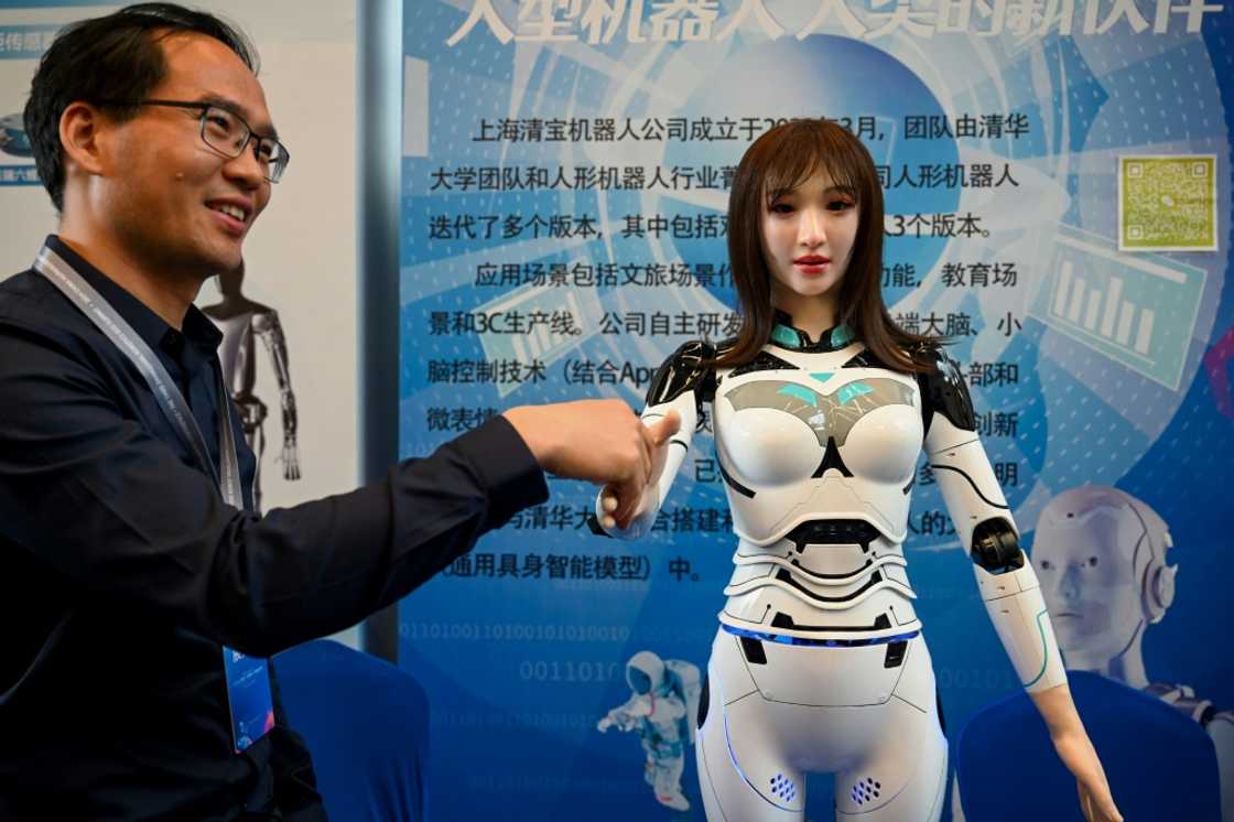 An exhibitor shakes hands with a humanoid robot at the 2024 China Humanoid Robot Developers Conference in Shanghai An exhibitor shakes hands with a humanoid robot at the 2024 China Humanoid Robot Developers Conference in Shanghai