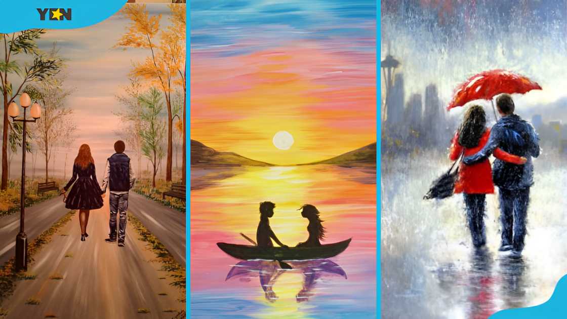 Paintings of a couple walking in a natural setting (L), a couple sitting in a boat (M), and a couple hugging in the rain (R) Paintings of a couple walking in a natural setting (L), a couple sitting in a boat (M), and a couple hugging in the rain (R)