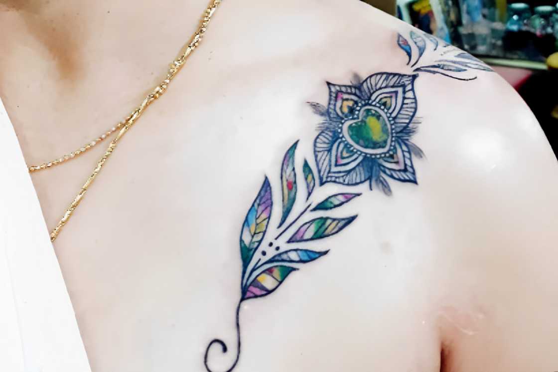 A colourful tribal shoulder front tattoo A colourful tribal shoulder front tattoo