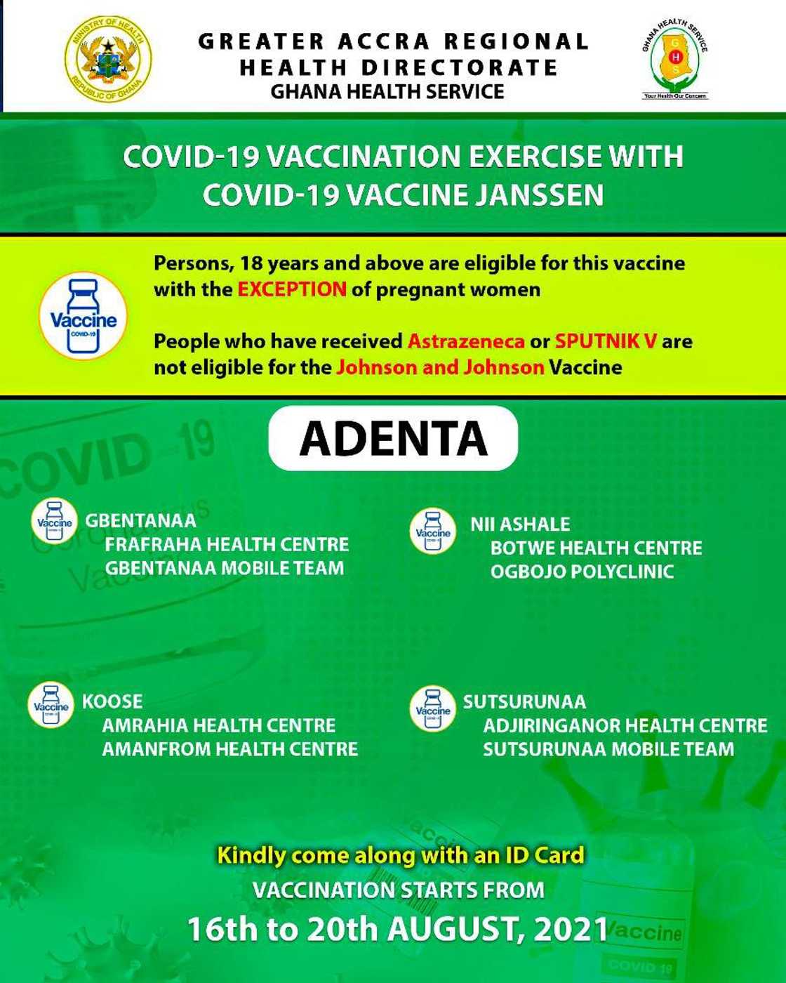 Ga South, 6 other designated districts to give Johnson and Johnson vaccine jab Ga South, 6 other designated districts to give Johnson and Johnson vaccine jab