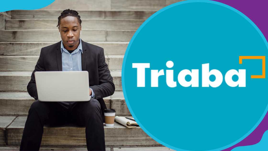 A person working on their laptop sitting on stairs and the Triaba logo A person working on their laptop sitting on stairs and the Triaba logo