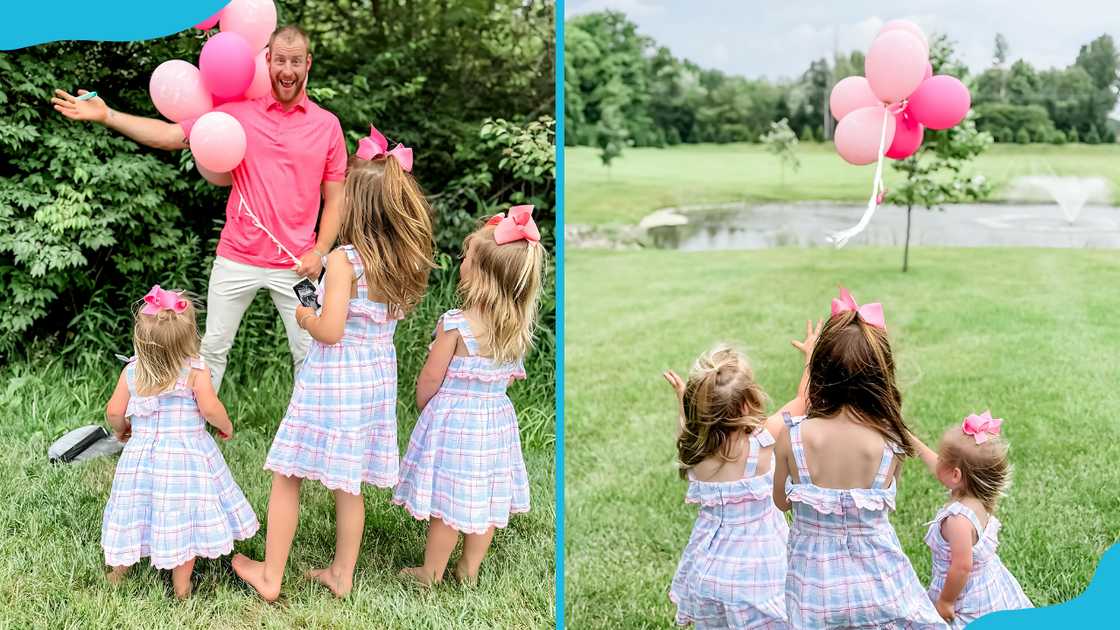 Carson Wentz with his three daughters holding pink balloons outdoors.