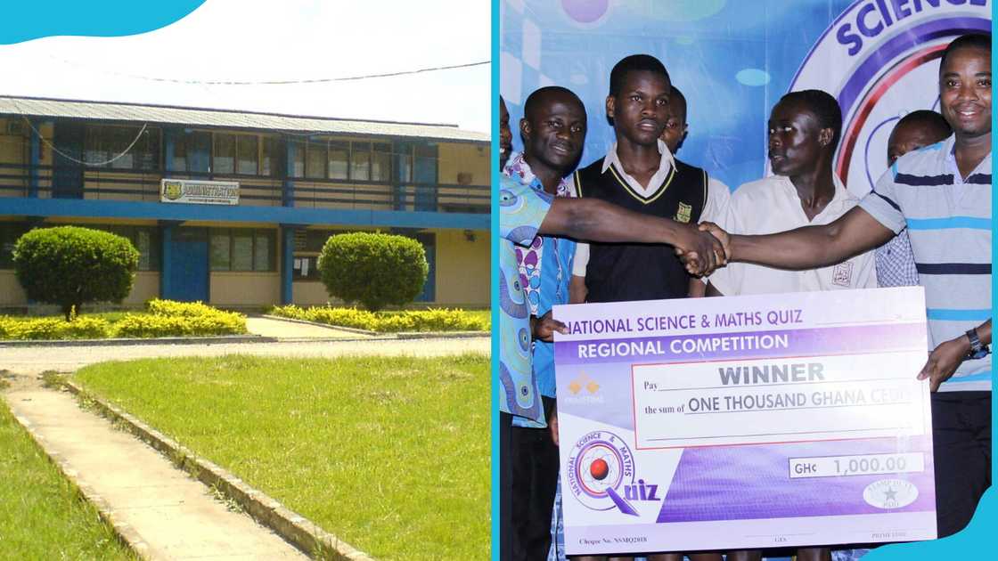 Obuasi Secondary School grounds and students receiving an award Obuasi Secondary School grounds and students receiving an award