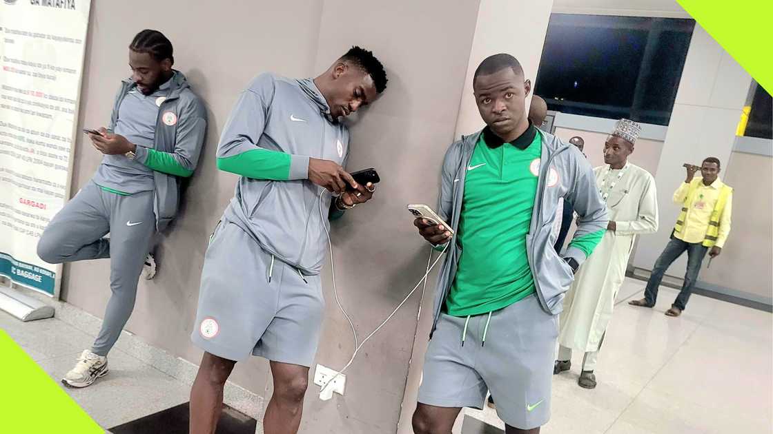 Super Eagles players look dejected after arriving in Nigeria from Libya. Super Eagles players look dejected after arriving in Nigeria from Libya.