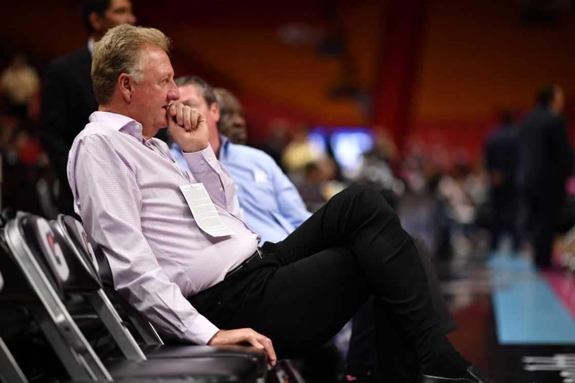 Larry Bird watches warm-ups before the game between the Miami Heat and the Indiana Pacers at American Airlines Arena in Miami, Florida. Larry Bird watches warm-ups before the game between the Miami Heat and the Indiana Pacers at American Airlines Arena in Miami, Florida.