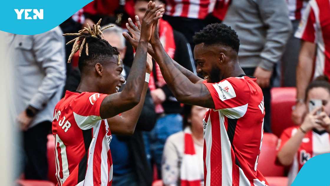 Inaki Williams celebrates with Nico Williams after the latter scored for Athletic Club against Real Valladolid FC on February 23, 2025. Photo by Ander Gillenea. Inaki Williams celebrates with Nico Williams after the latter scored for Athletic Club against Real Valladolid FC on February 23, 2025. Photo by Ander Gillenea.