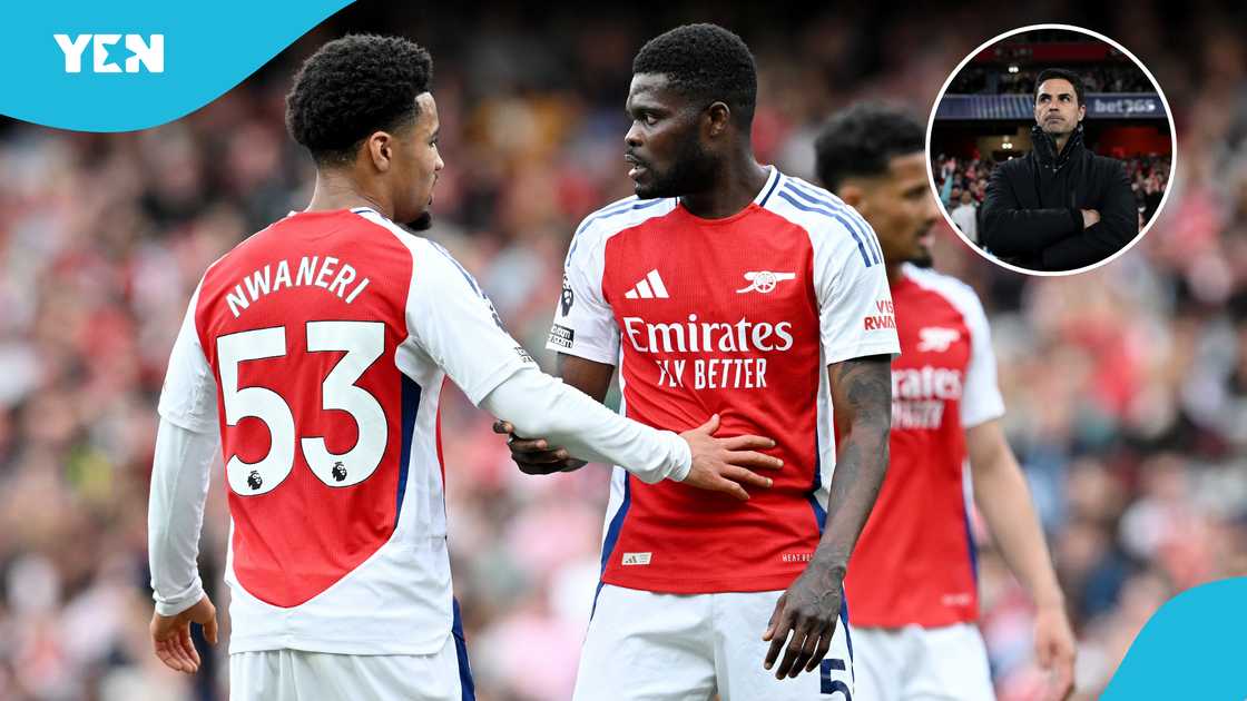Ethan Nwaneri of Arsenal speaks to team mate Thomas Partey during the Premier League match between Arsenal FC and Brentford FC at Emirates Stadium on April 12, 2025 in London, England Ethan Nwaneri of Arsenal speaks to team mate Thomas Partey during the Premier League match between Arsenal FC and Brentford FC at Emirates Stadium on April 12, 2025 in London, England