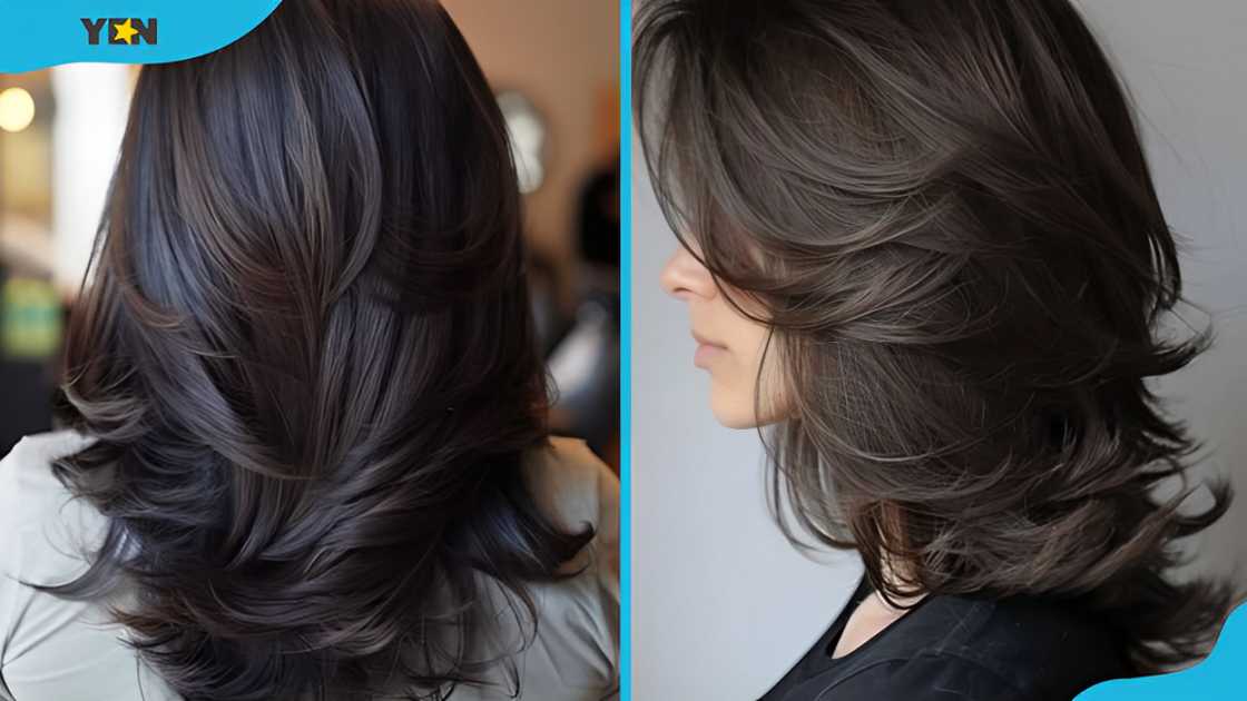 Dark brown v-shaped butterfly haircut (L). Caramel-brown v-shaped butterfly haircut (R) Dark brown v-shaped butterfly haircut (L). Caramel-brown v-shaped butterfly haircut (R)