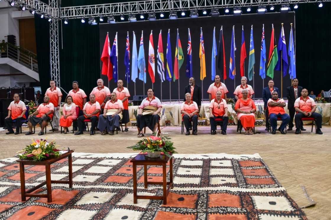 Tonga's Crown Prince Tupouto'a 'Ulukalala (centre L), UN chief Antonio Guterres (centre R) and other leaders attend the Pacific Islands Forum on Monday Tonga's Crown Prince Tupouto'a 'Ulukalala (centre L), UN chief Antonio Guterres (centre R) and other leaders attend the Pacific Islands Forum on Monday